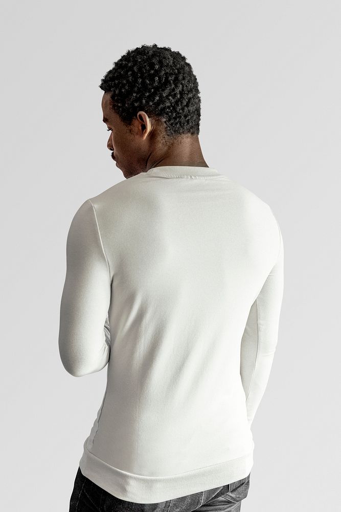 White fitted long sleeve sweater mockup on male model stucio shot psd