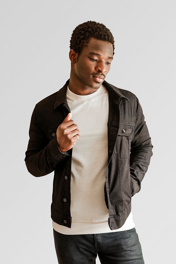 Men's black jeans jacket mockup and white t-shirt psd
