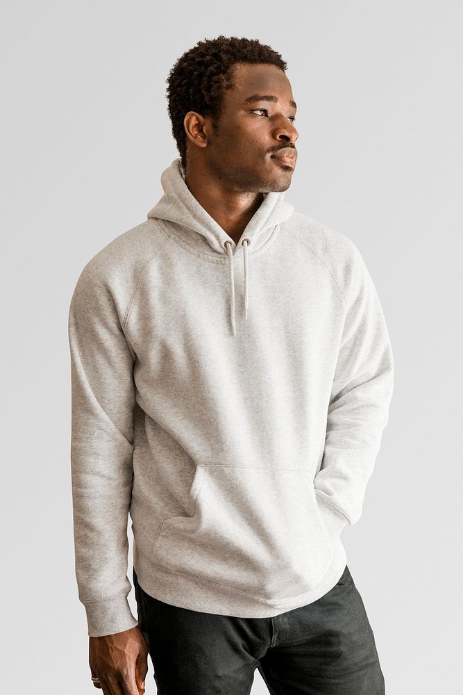 Men's white hoodie mockup sweater psd on black male model