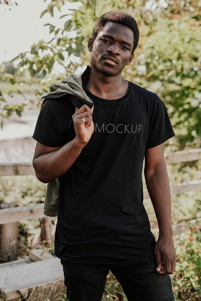 Black tee mockup tshirt psd on African American male model