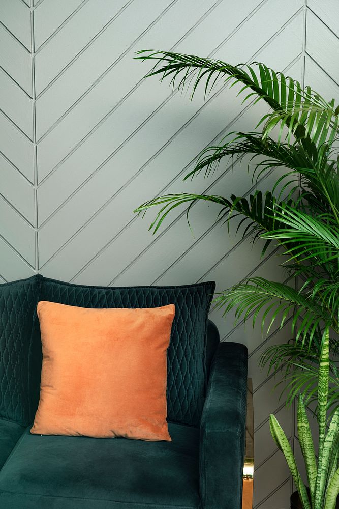 Retro jungle green living room with sofa interior design