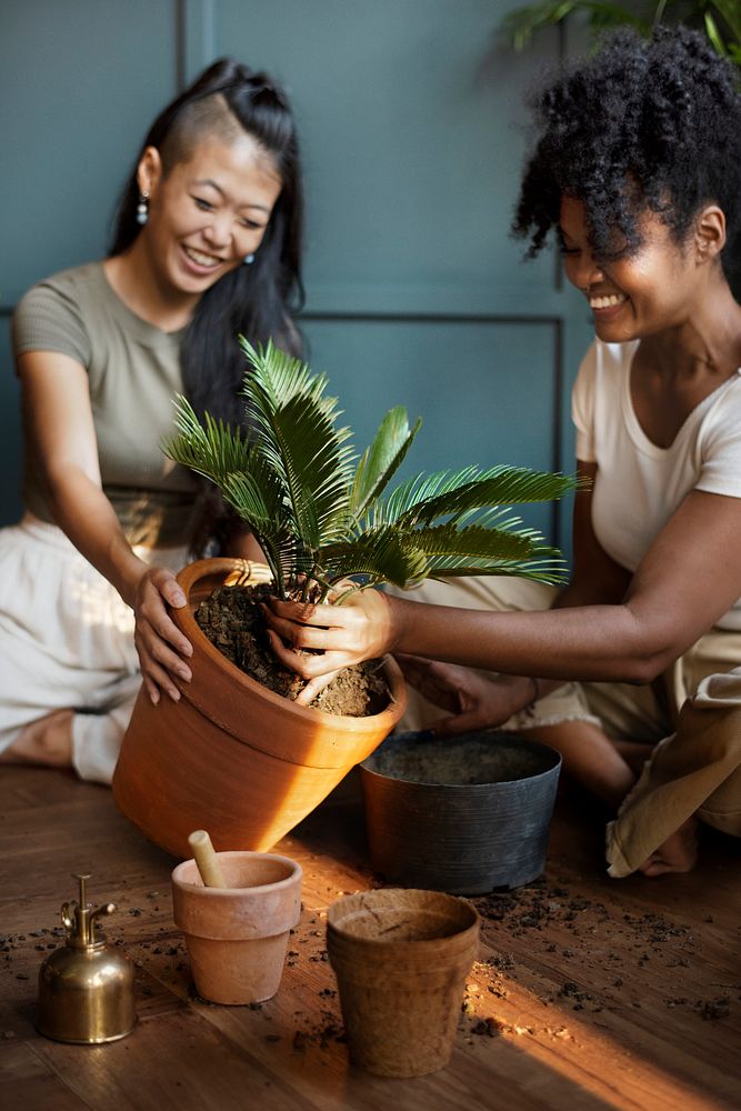 Women repotting plants at home in the new normal