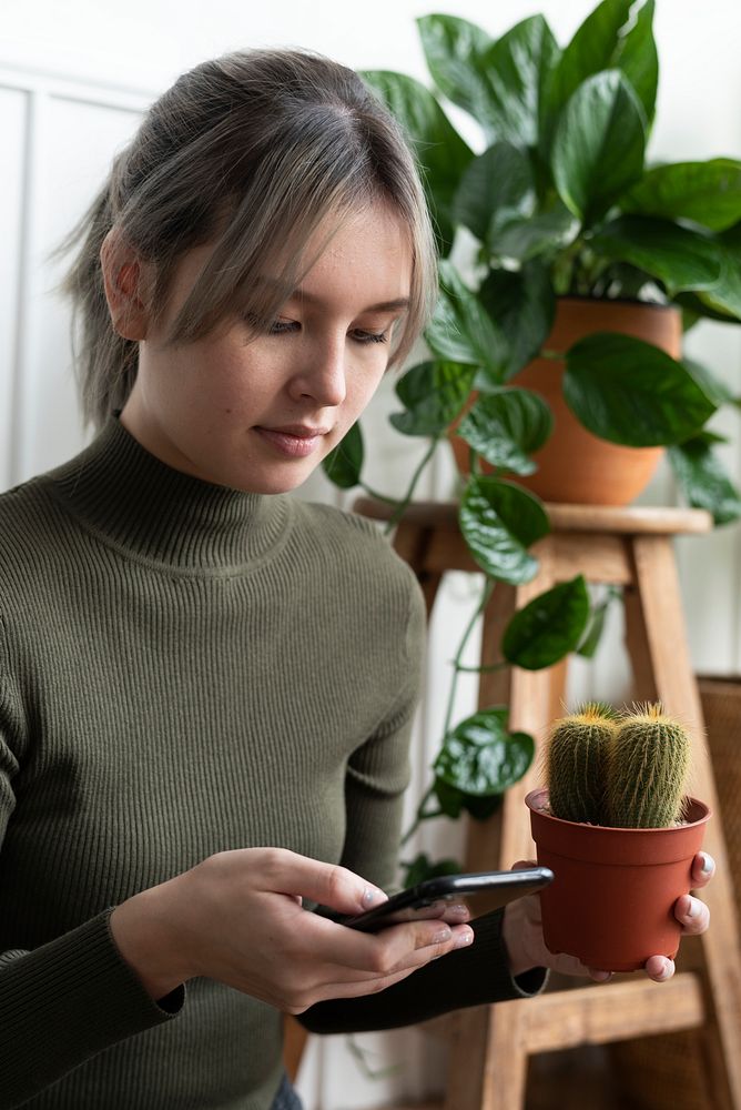 Woman carrying a cactus while checking her phone