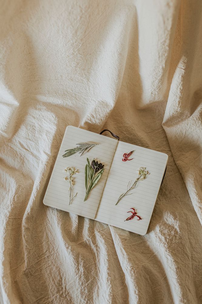 Open notebook and flowers on linen blanket