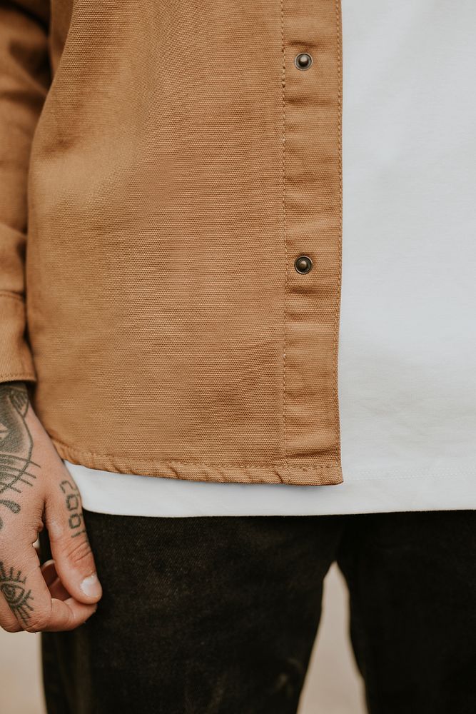 Jacket mockup psd on urban tattooed man model closeup