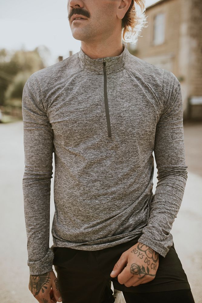 Man in gray midweight stretch shirt with design space sportswear apparel