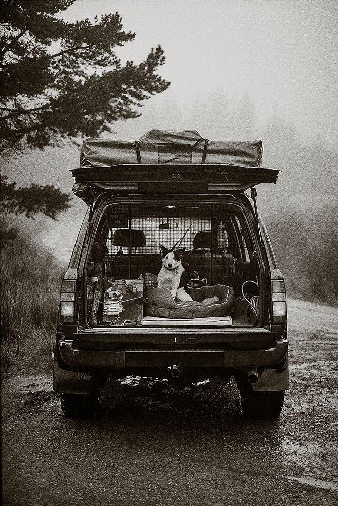 Pet dog in a car for the road trip in the mountains