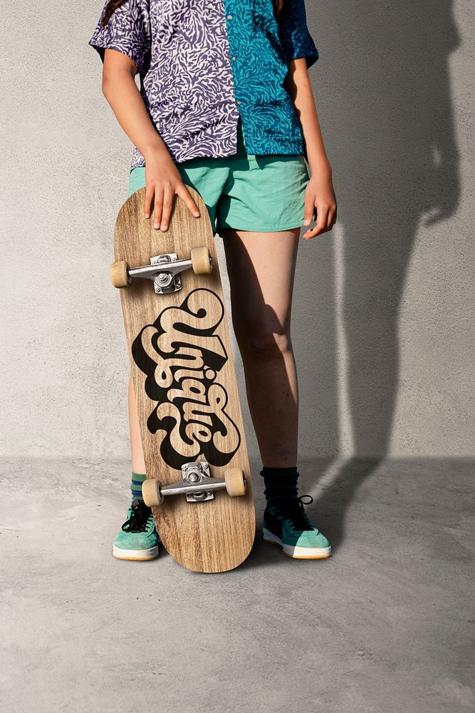 Skateboard mockup psd, teen girl skater background