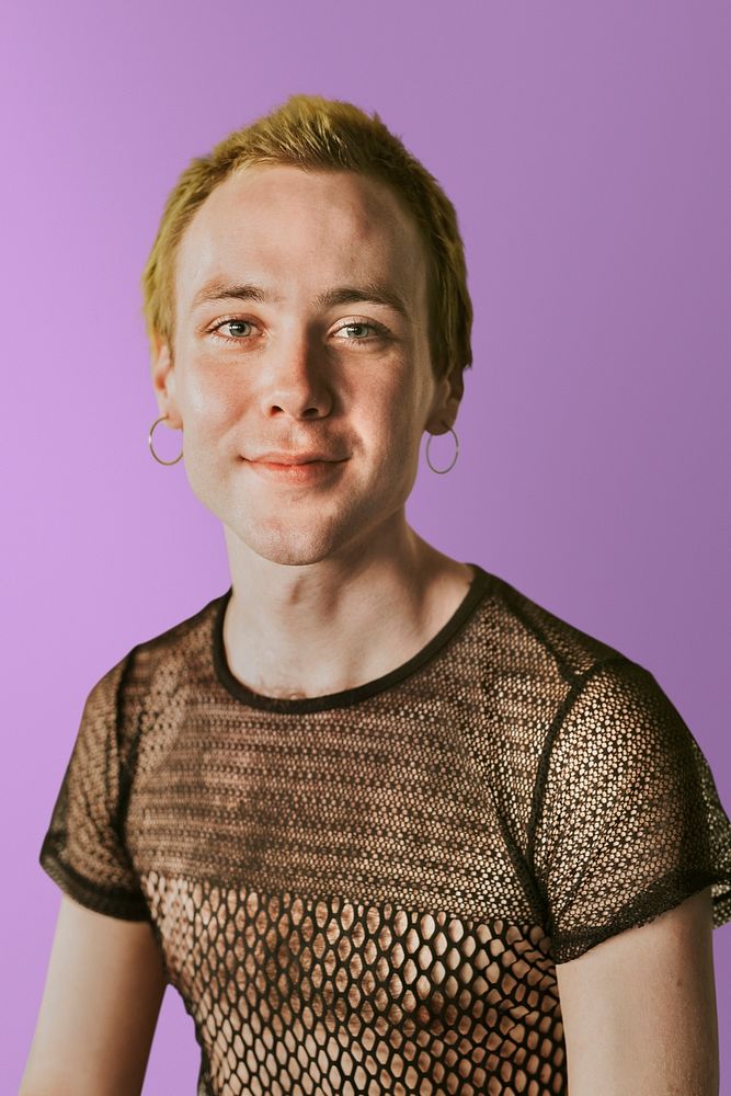 Happy non-binary person psd, in a mesh top