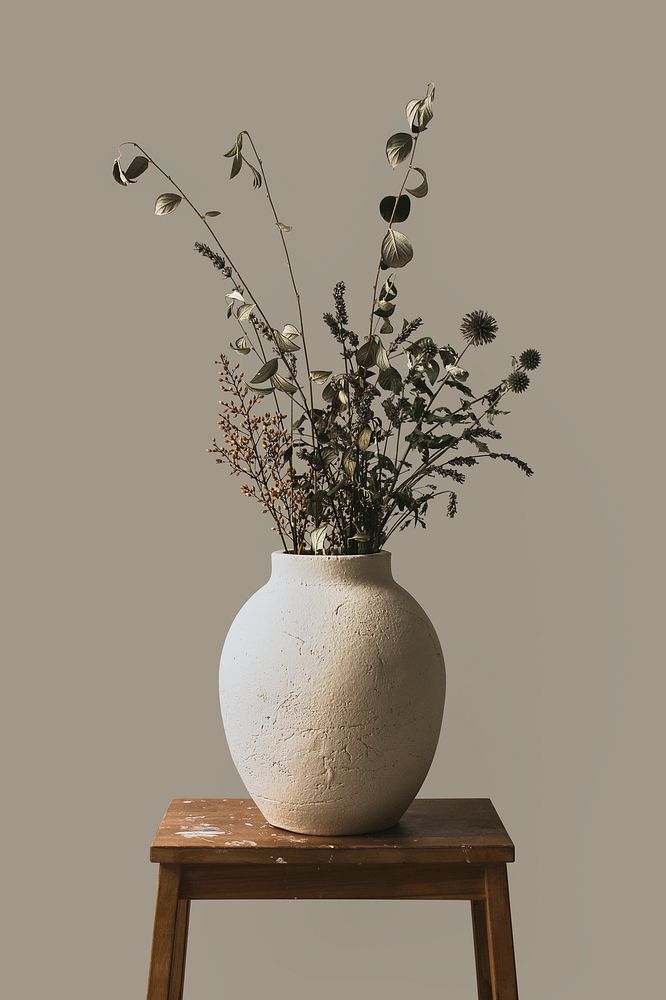 Rustic vase & flowers beige aesthetic psd