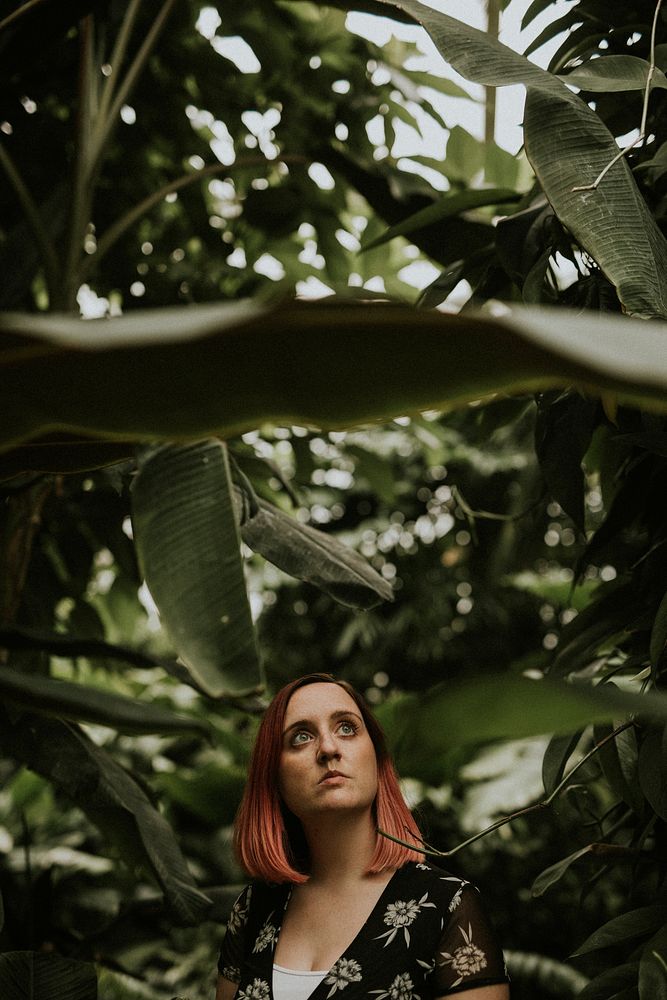 Moody woman nature portrait, aesthetic greenhouse 