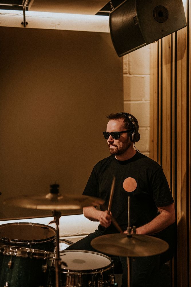 Drummer recording in studio music HD photo