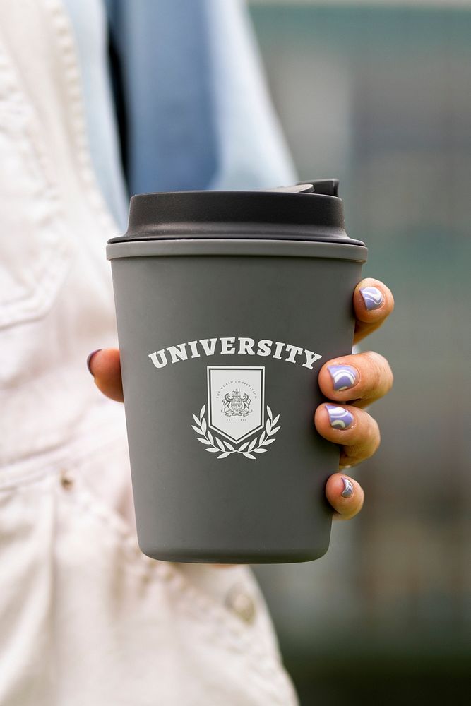 Coffee cup mockup psd, reusable mug with university logo