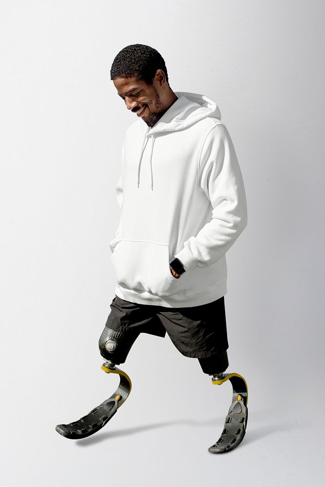 White hoodie mockup psd on male athlete with prosthetic leg