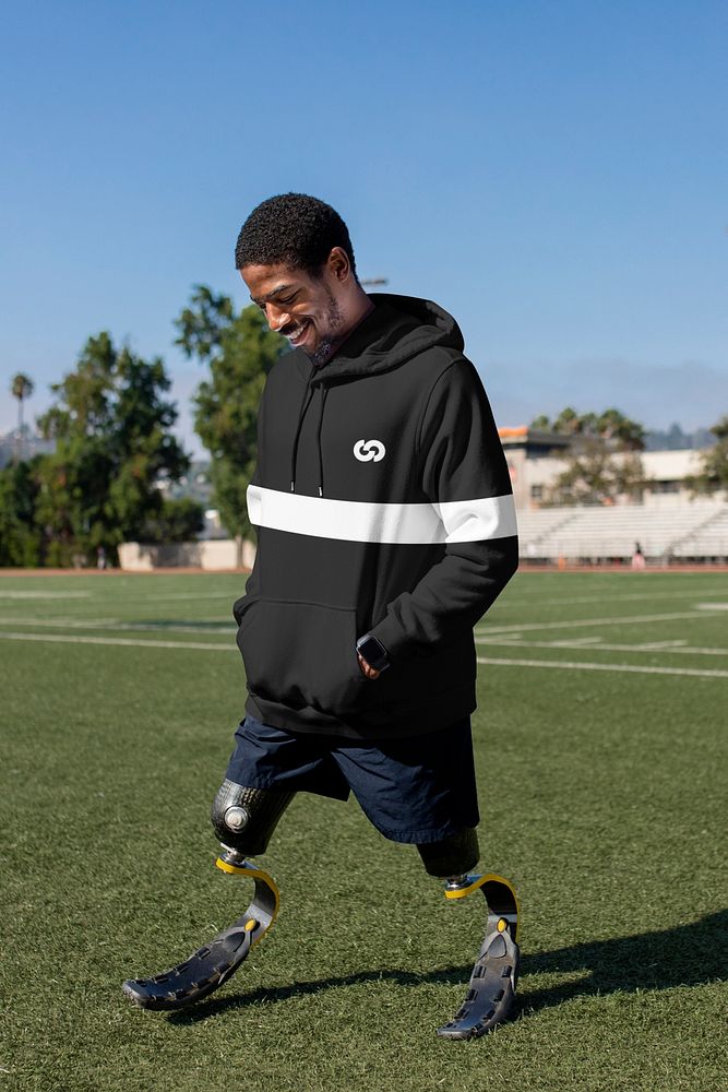 Hoodie mockup psd on male athlete with prosthetic leg 