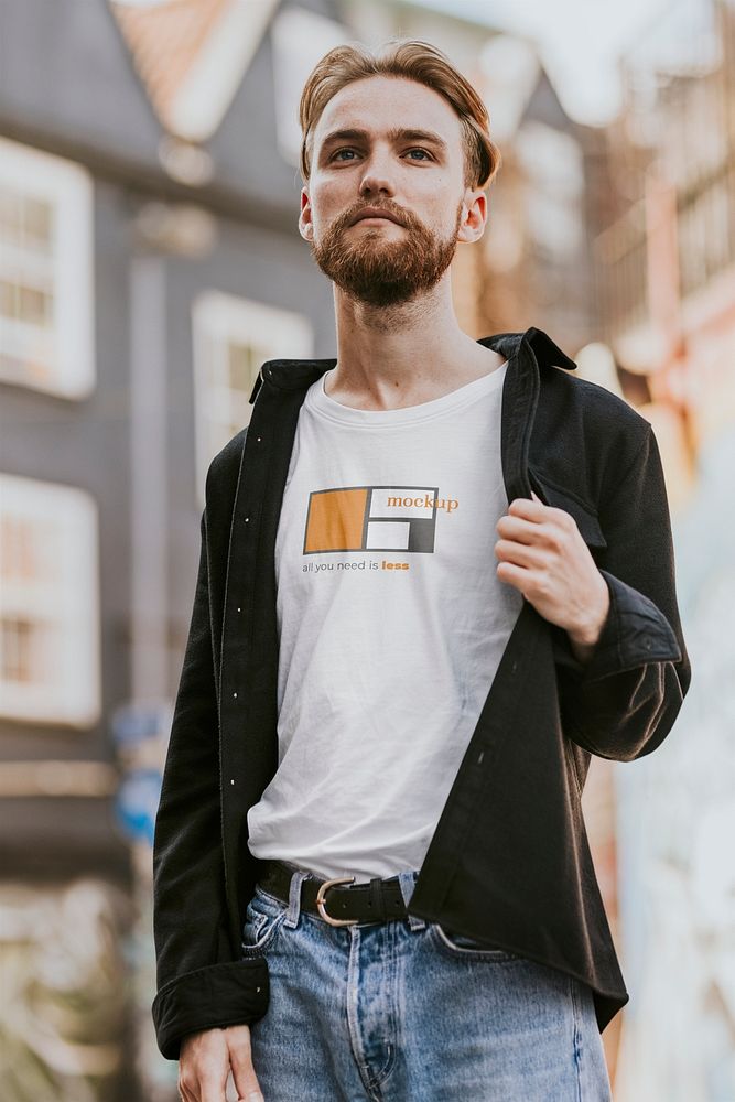 T-shirt mockup psd on bearded hipster man with jacket on top