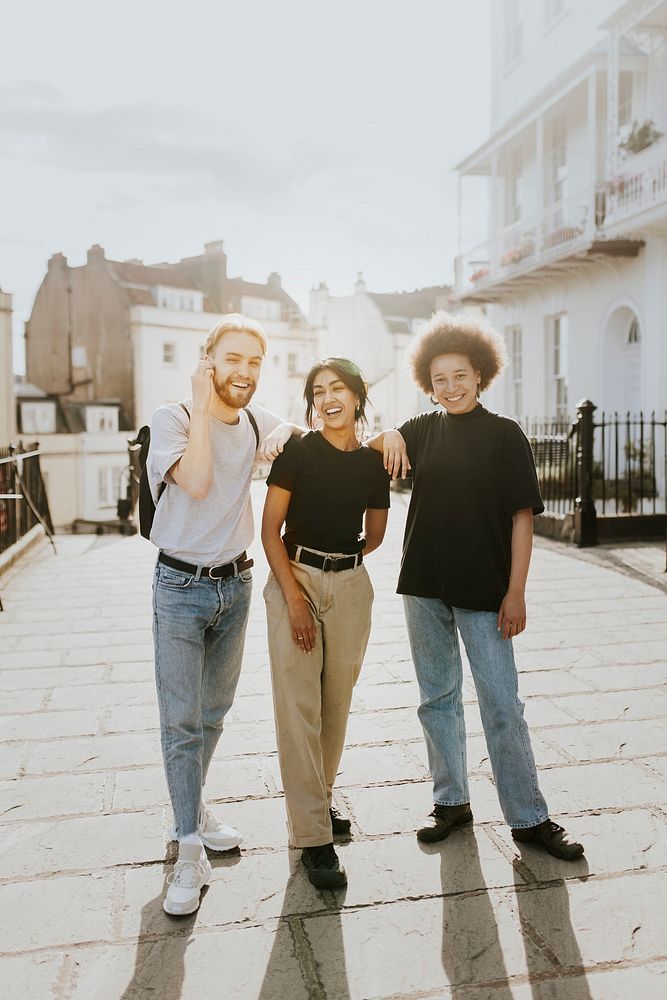 Three friends sightseeing in the city