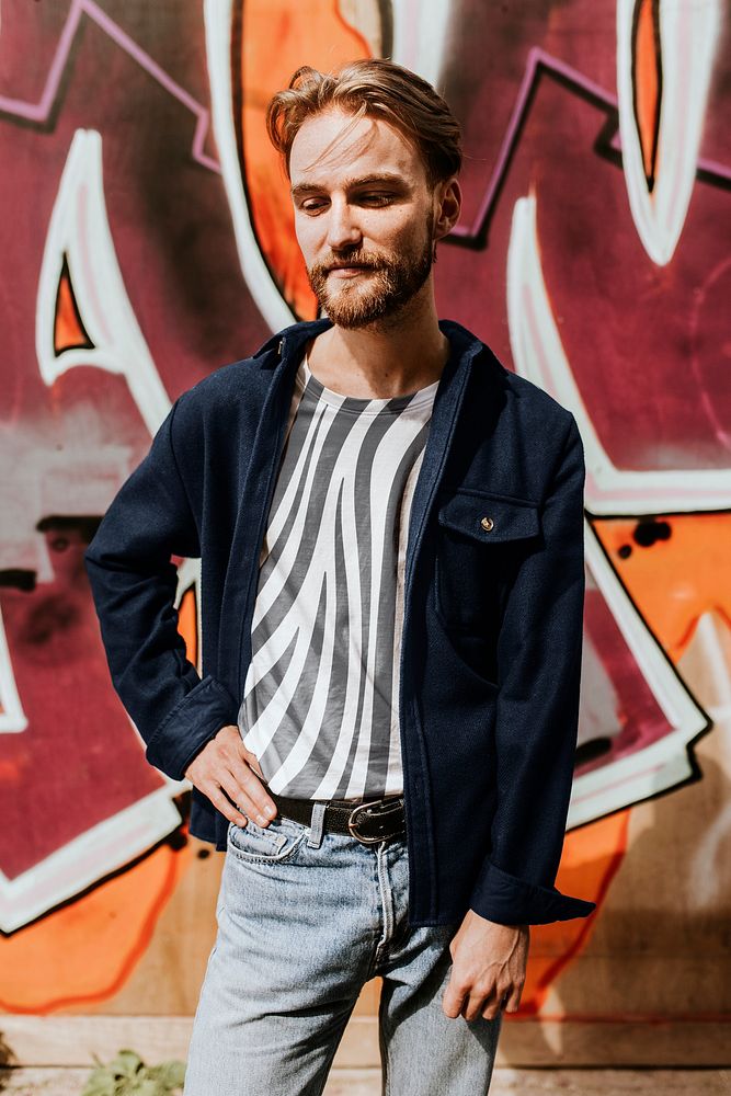 T-shirt mockup psd on bearded hipster man with jacket on top