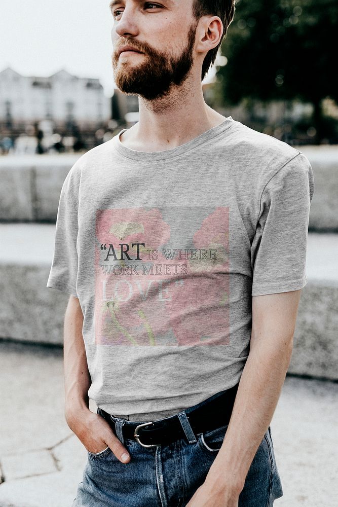 Gray t-shirt mockup psd on beard hipster man