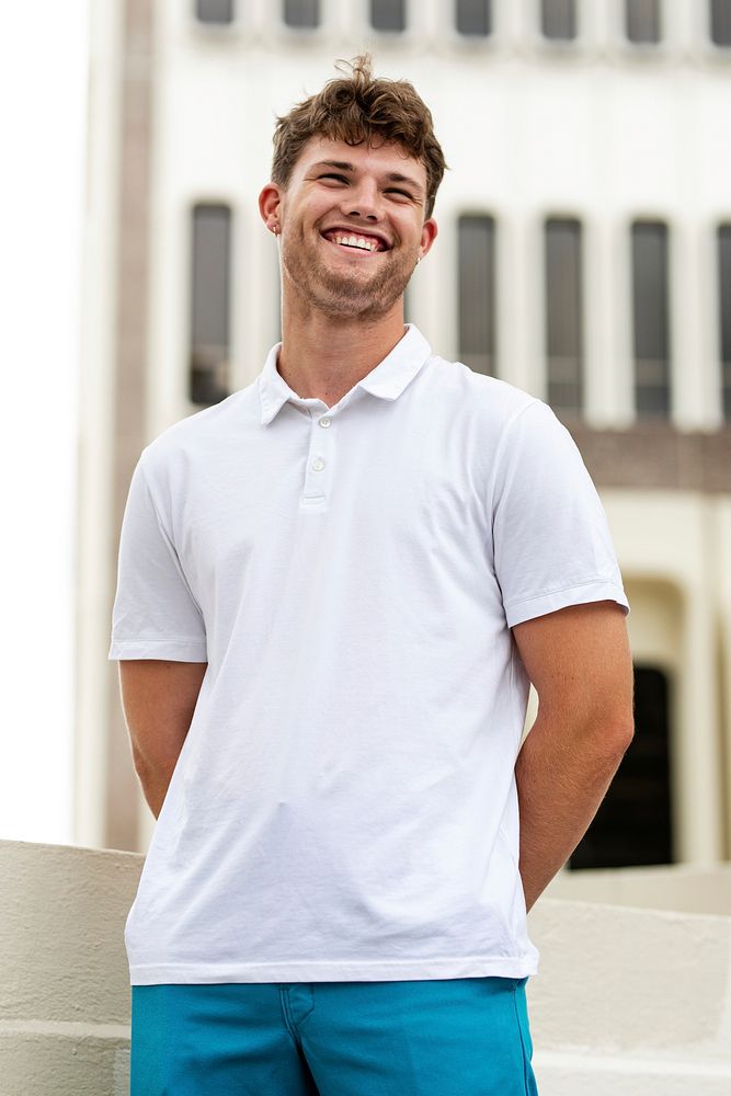 Man in white polo shirt, men’s summer apparel fashion