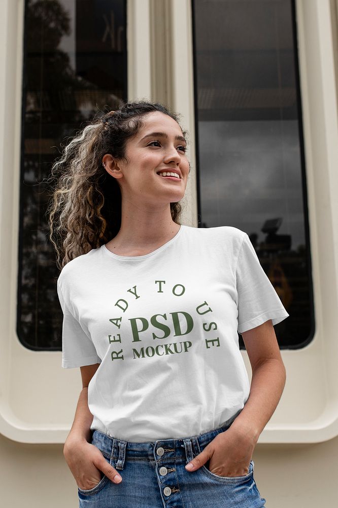 Tee mockup psd, white design, women’s casual wear fashion