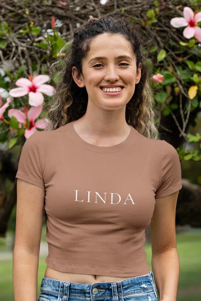 Women&rsquo;s crop top mockup psd, brown design, casual wear fashion