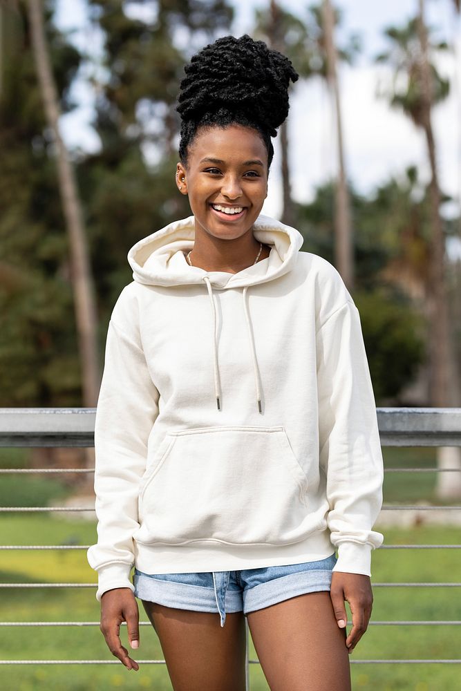 Woman in white hoodie casual outfit fashion