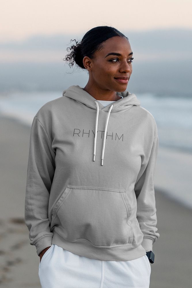 Cool hoodie mockup, customizable psd streetwear, African American woman by the Venice beach