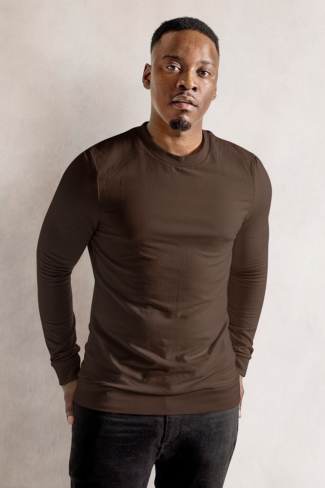Black man wearing brown long sleeve, autumn apparel fashion design
