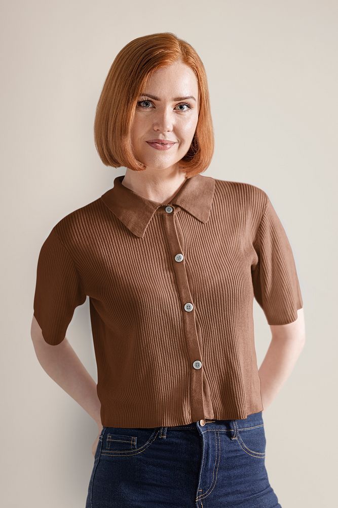 Smiling woman in brown knitted shirt