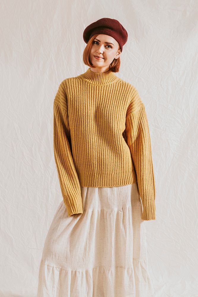 Cheerful woman in mustard yellow jumper, autumn apparel fashion design