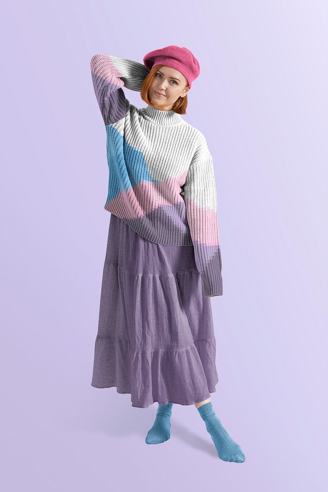 Woman in autumn outfits, patterned jumper and purple dress, full body
