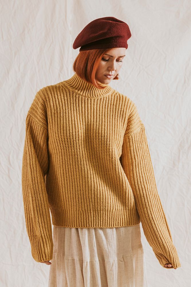Woman in yellow jumper, autumn apparel fashion design