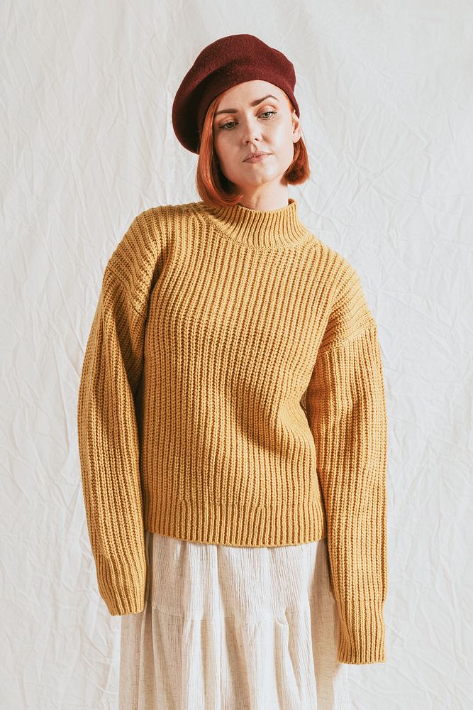 Woman in yellow sweater, autumn apparel fashion design