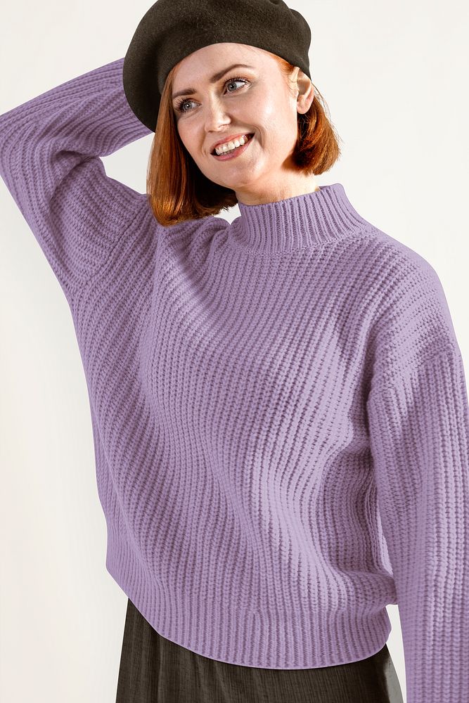 Happy woman in purple sweater, autumn apparel fashion design