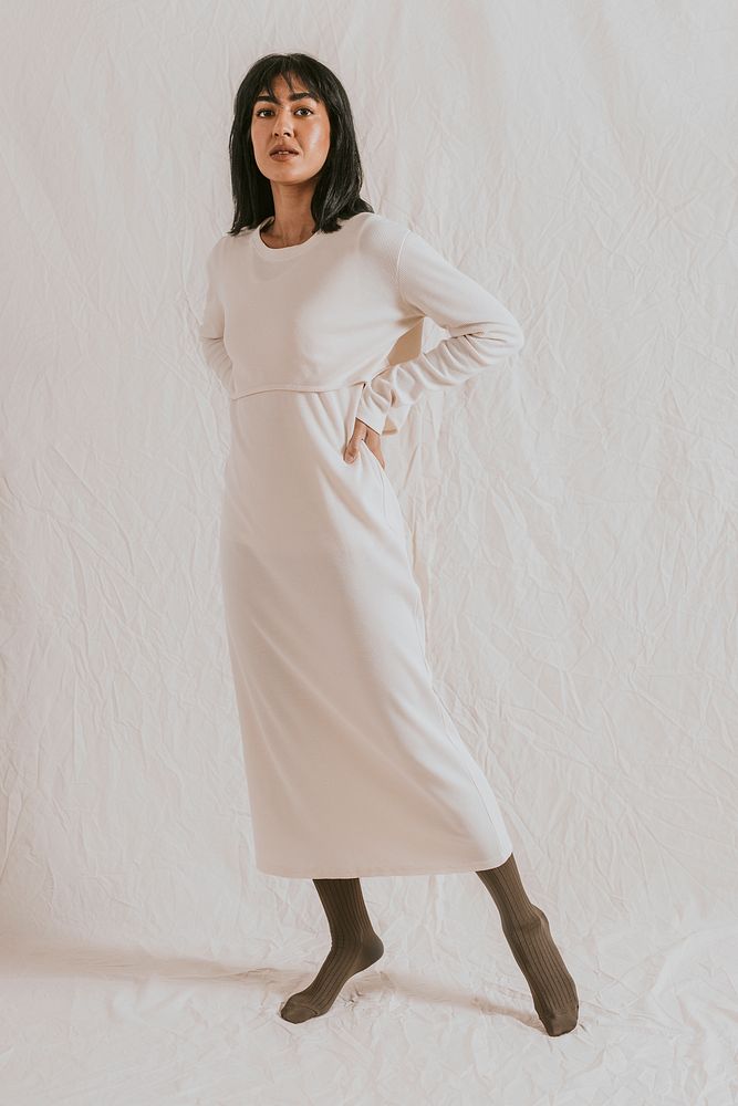 Woman in beige dress, minimal autumn apparel fashion design