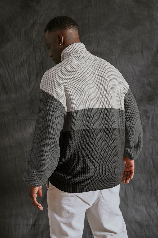 Man in gray turtleneck sweater, rear view, autumn apparel fashion design