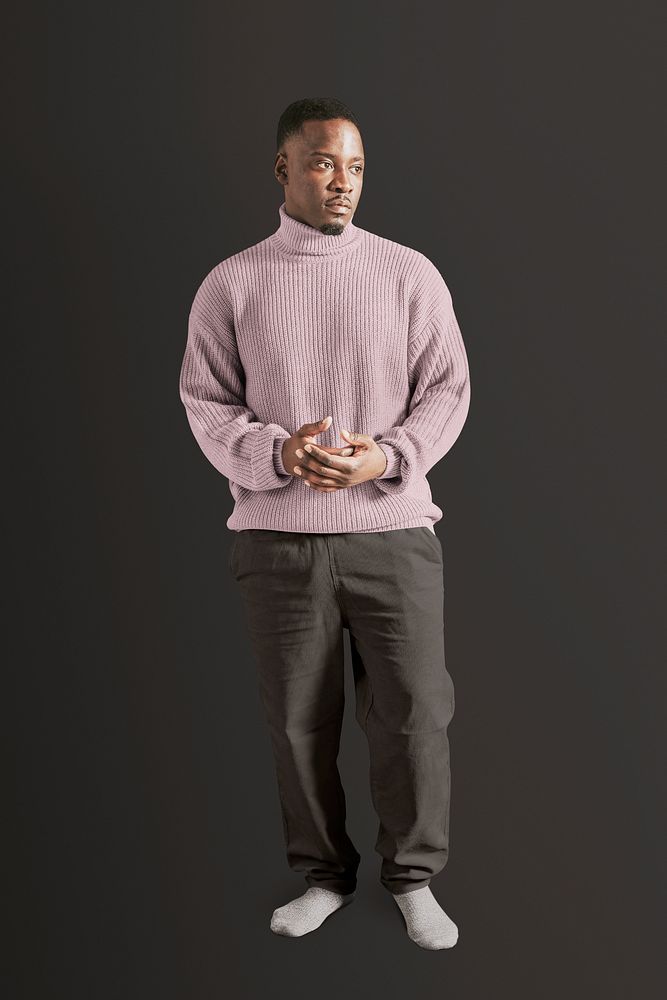 Black man in pink turtleneck sweater, autumn apparel fashion design