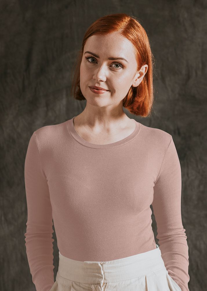 Happy woman in pink long sleeve, autumn apparel fashion design