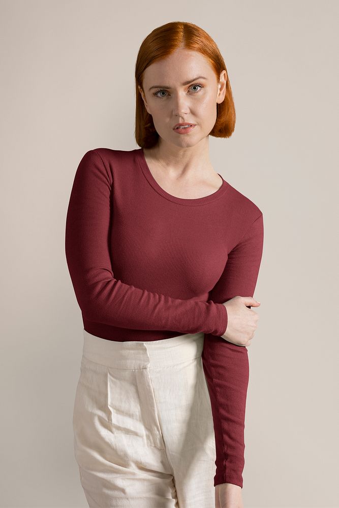 Ginger-haired woman in red long sleeve, autumn apparel fashion design