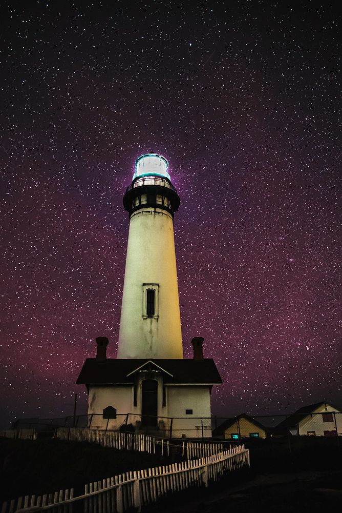 Pigeon Point Light Station with a starry night in San Francisco Bay, California USA