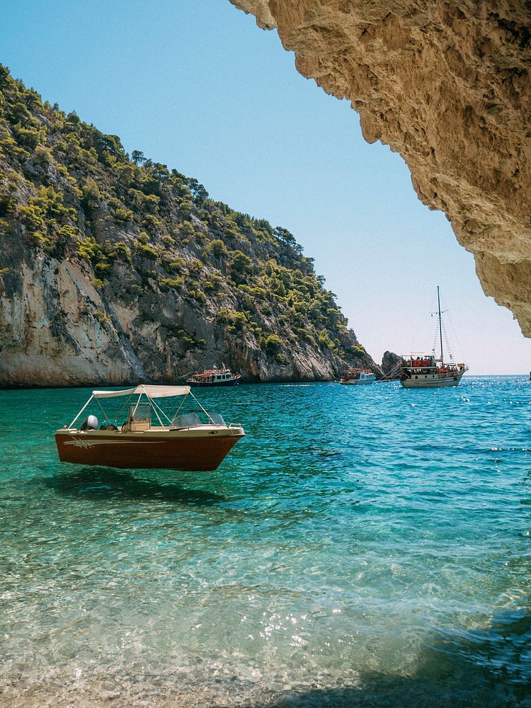 Boat near Ker&igrave; Caves or Marathia Cape in Zakynthos, Greece