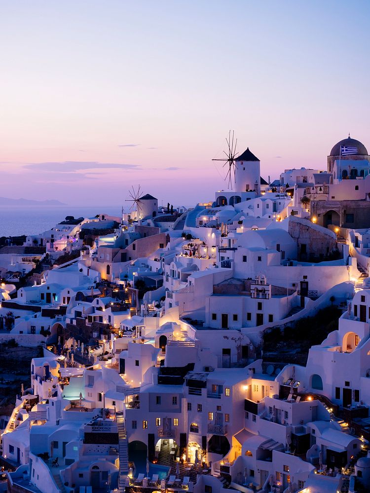 Night view of Oia traditional cave houses in Santorini, Greece
