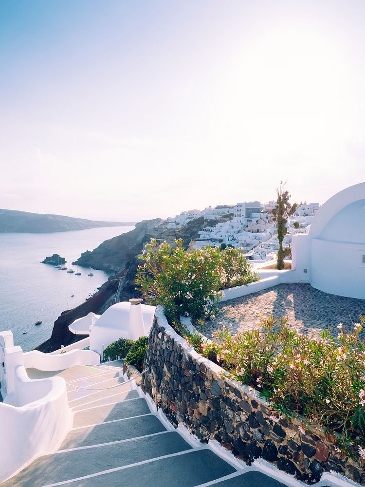 Scenic of Oia traditional white painted house with Aegean sea view in Santorini, Greece