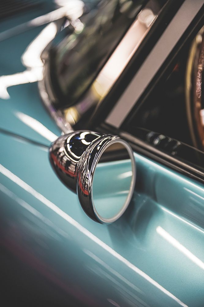 Closeup of a blue vintage car