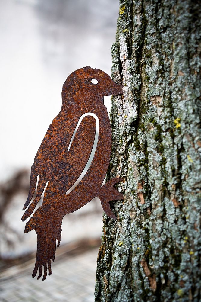 Rusty metal crow on a tree bark