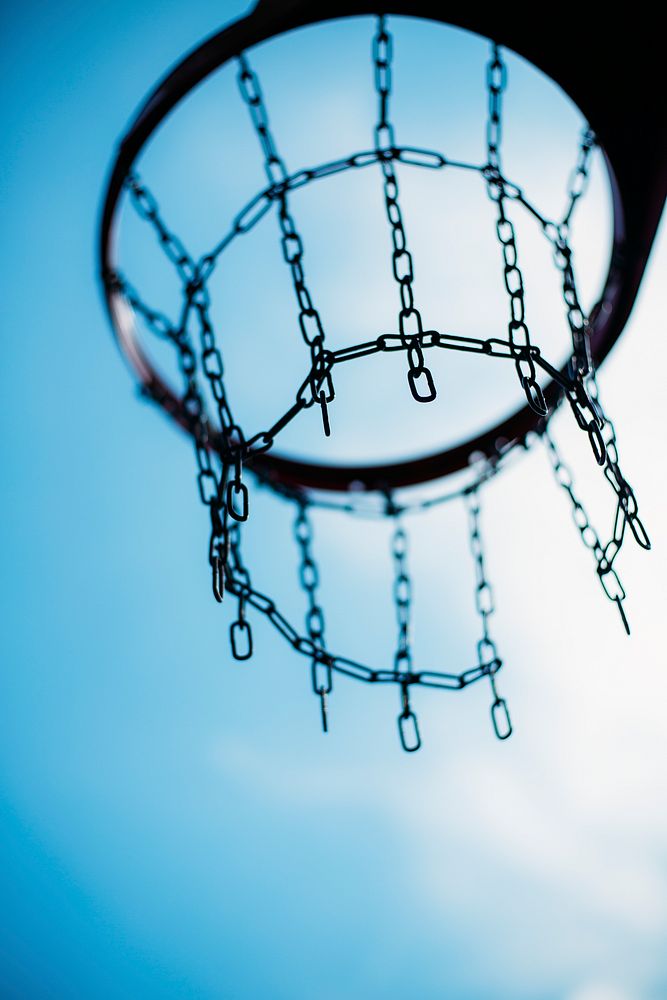 A metal net basketball hoop