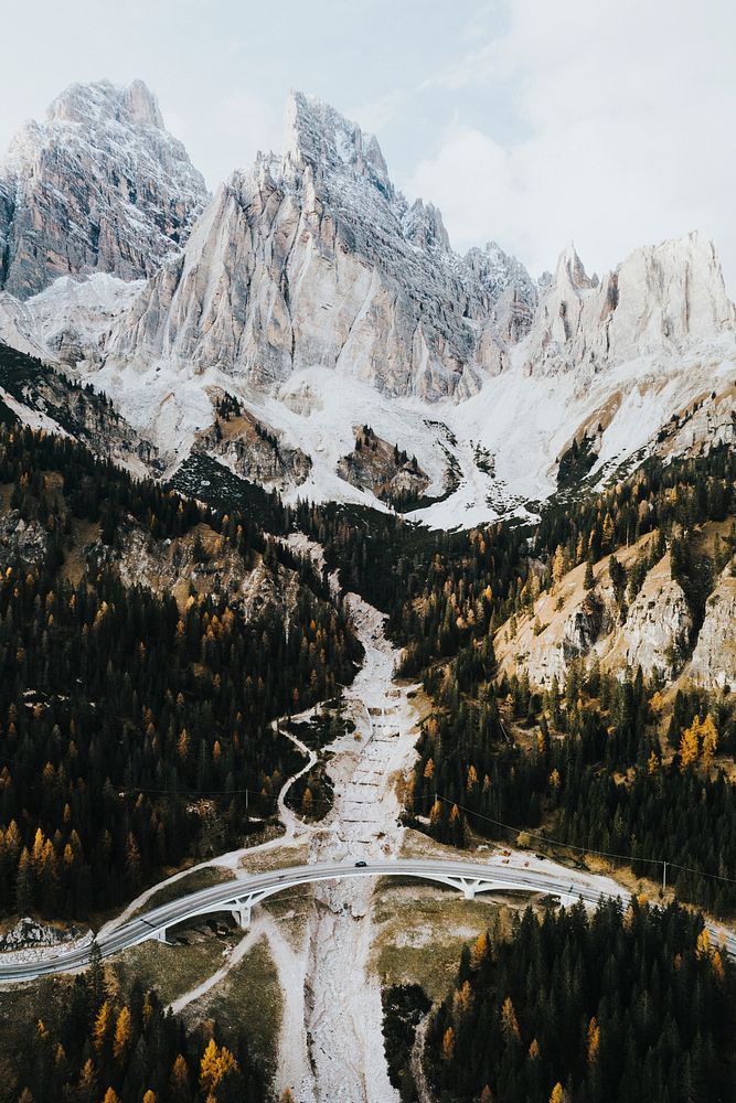 Autumnal forest and the beautiful Italian Dolomites