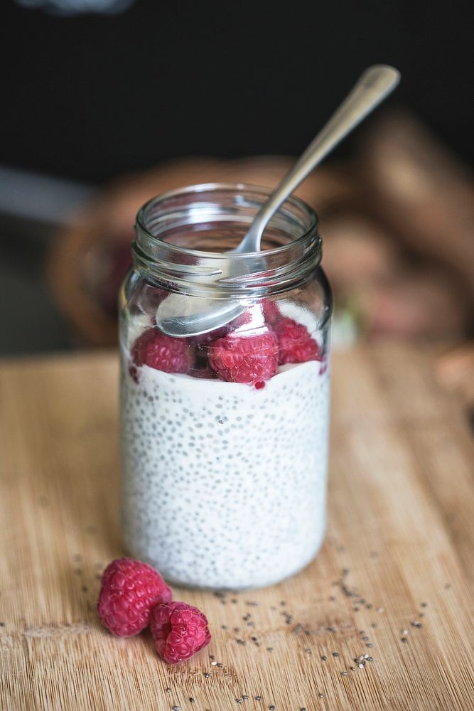 A jar of cherry and chia seed juice