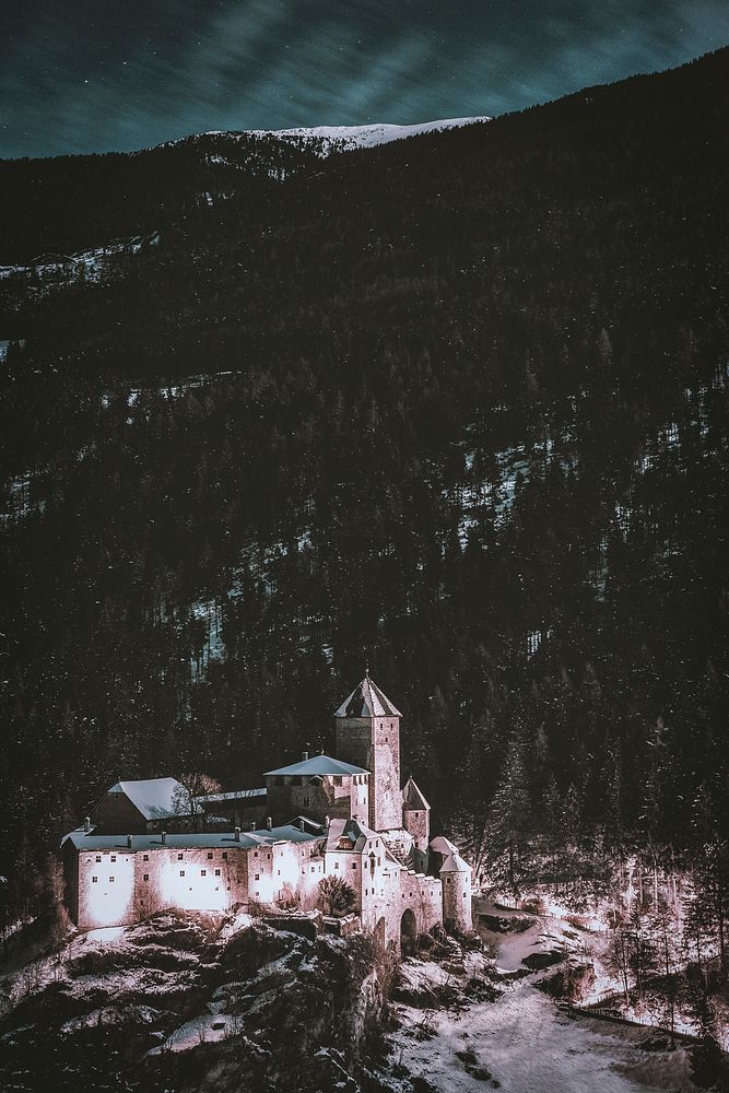 Castle Taufers at night in Italy